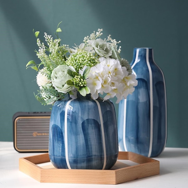 Persicana Blue and White Glazed Ceramic Table Vase - Modern - Minimalist - Flower Vase - Handmade - Gift for Her