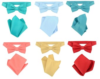 Men's Solid Color Bow Tie and Hanky Accessories Set (Aqua, Baby Blue, Coral, Gold, Red, Royal Blue, Seafoam Green, Silver, Turquoise)