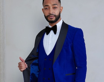 Mens Slim Fit 3-Piece Royal Blue Shawl Lapel Velvet Tuxedo