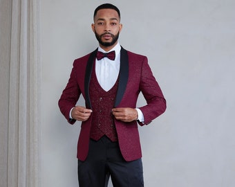 Men's 4-Piece Slim Fit Burgundy Modern Sequin Tuxedo Set perfect for Weddings, Parties, and Events