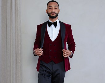 Mens Slim Fit 3-Piece Burgundy Shawl Lapel Velvet Tuxedo