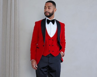 Mens Slim Fit 3-Piece Red Shawl Lapel Velvet Tuxedo