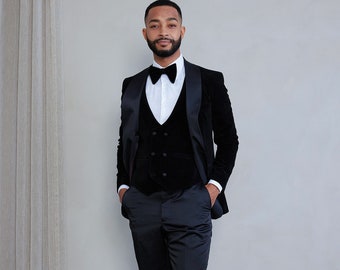 Mens Slim Fit 3-Piece Black Shawl Lapel Velvet Tuxedo