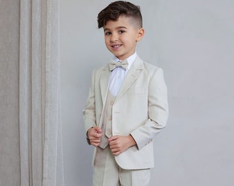 Boy's 5-Pieces Linen Tan Slim Fit Suit perfect for Weddings, Parties, and other Milestones