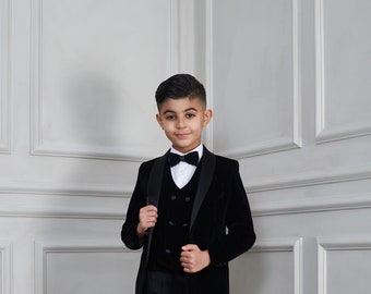 Boy&#39;s 3-Pieces Velvet Shawl Lapel Tuxedo Jacket, Vest, & Bowtie Set perfect for Weddings, Parties, Milestones (Black, Burgundy, Navy, Red)