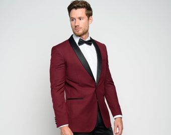 Men's Burgundy 2-Piece Slim Fit Shawl Lapel Tuxedo perfect for Weddings, Grooms, Groomsmen, Prom, and Formal Occasions