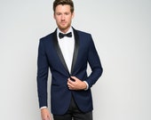 Men's Navy 2-Piece Slim Fit Shawl Lapel Tuxedo perfect for Weddings, Grooms, Groomsmen, Prom, and Formal Occasions