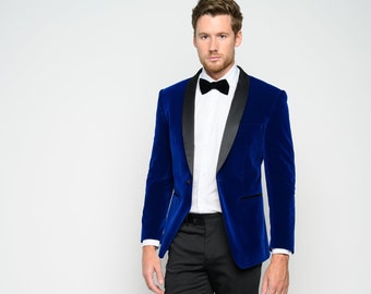 Men's Blue Slim Fit Velvet Shawl Lapel Tuxedo Jacket
