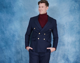 BESTMAN PATTERN NAVY BLUE DOUBLE- BREASTED TWO PIECE SUIT – SamEnchill  Collections