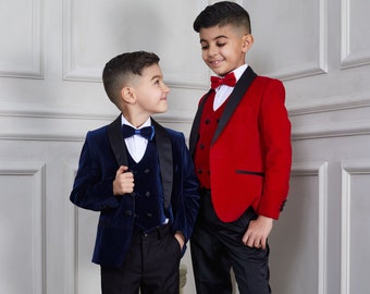 Boy's 3-Pieces Velvet Shawl Lapel Tuxedo Jacket, Vest, & Bowtie Set perfect for Weddings, Parties, Milestones (Black, Burgundy, Navy, Red)