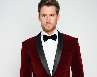 Men's Slim Fit Velvet Shawl Lapel Tuxedo Jacket (Burgundy)