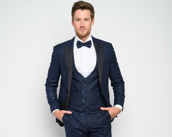 Men's 4-Piece Slim Fit Navy Modern Sequin Tuxedo Set perfect for Weddings, Parties, and Events