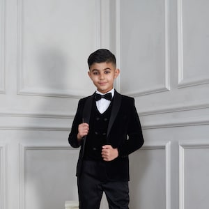 Boy&#39;s 3-Pieces Velvet Shawl Lapel Tuxedo Jacket, Vest, & Bowtie Set perfect for Weddings, Parties, Milestones (Black, Burgundy, Navy, Red)