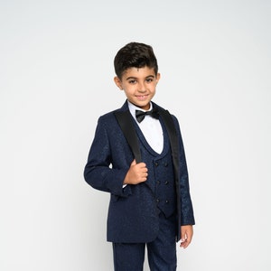 Boy's 5-Pieces Slim Fit Navy Blue Modern Sequin Tuxedo Set perfect for Weddings, Parties, and other Milestones