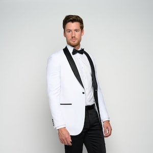 Men's White 2-Piece Slim Fit Shawl Lapel Tuxedo perfect for Weddings, Grooms, Groomsmen, Prom, and Formal Occasions