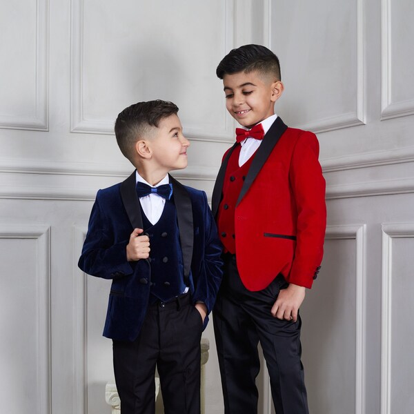 Boy's 3-Pieces Velvet Shawl Lapel Tuxedo Jacket, Vest, & Bowtie Set perfect for Weddings, Parties, Milestones (Black, Burgundy, Navy, Red)