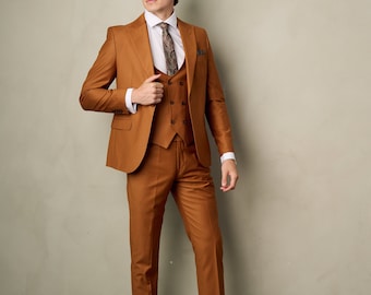 Men's 3-Piece Slim Fit Wool Blend Copper Suit perfect for Weddings, Parties, Groom, Groomsmen, Prom, Events
