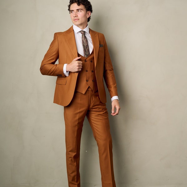 Men's 3-Piece Slim Fit Wool Blend Copper Suit perfect for Weddings, Parties, Groom, Groomsmen, Prom, Events