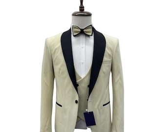 Mens Slim Fit 2 Piece Beige Shawl Lapel Velvet Tuxedo