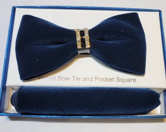 Men's Navy Luxury Velvet Bow Tie, Brooch, and Hanky Set