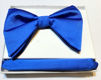 Men's Long Blue Satin Bow Tie and Hanky Set