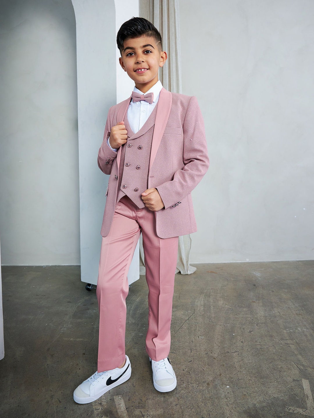 OMC 5-Pieces  Boy's Slim Fit  Modern Sequin Tuxedo Set (Navy Blue)