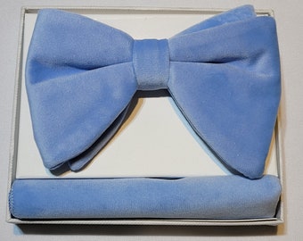 Men's Long Baby Blue Velvet Bow Tie and Hanky Set