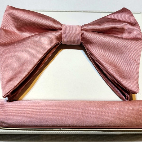 Men's Long Dusty Pink Satin Bow Tie and Hanky Set