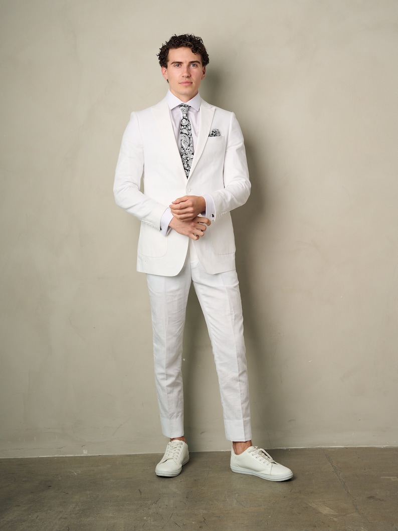 Men's 2-Pieces Linen Slim Fit Suit White Perfect for Summer, Wedding, Parties and other Milestones image 4