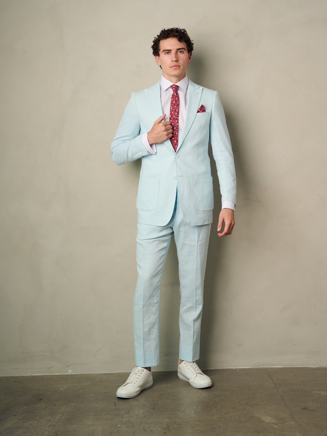Baby Blue Linen Suit Slim Fit Two Piece Set - Wedding - Prom