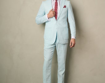 Men's 2-Pieces Linen Slim Fit Suit Light Blue Perfect for Summer, Wedding, Parties and other Milestones