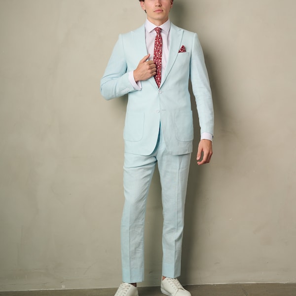 Men's 2-Pieces Slim Fit Linen Suit (Light Blue)