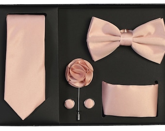 Men's Dusty Pink 5-Pieces Formal Accessories Box Set (Necktie, Bow Tie, Lapel, Pocket Square, Cuff links)