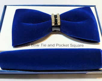 Men's Royal Blue Luxury Velvet Bow Tie, Brooch, and Hanky Set