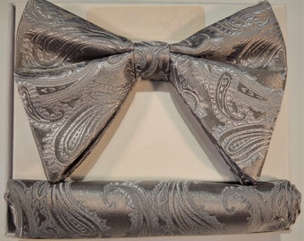 Men's Long silver  Paisley Satin Bow Tie and Hanky Set