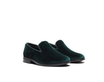 Boy's Hunter Green Velvet Loafer Shoes perfect for Weddings, Parties, and other Milestones