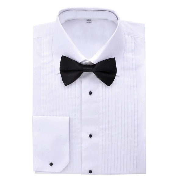 Men's Pleated Tuxedo Dress Shirt Lay Down Collar Long-Sleeve Button Down