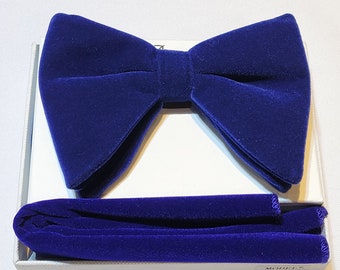 Men's Long Blue Velvet Bow Tie and Hanky Set