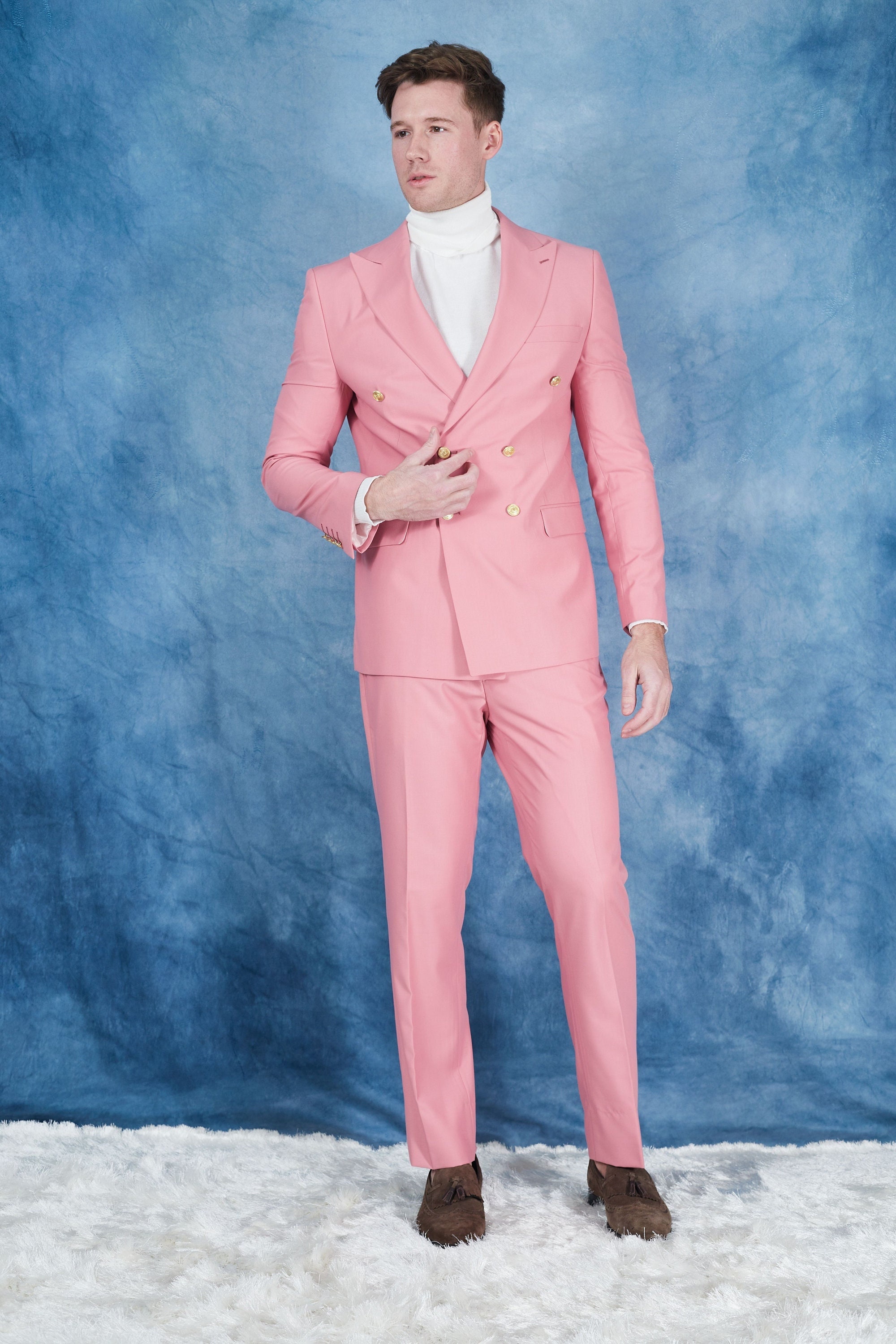 Men Suit Double Breasted Pink 2PCS Party Dinner Groom Tuxedo Wedding Formal  Suit