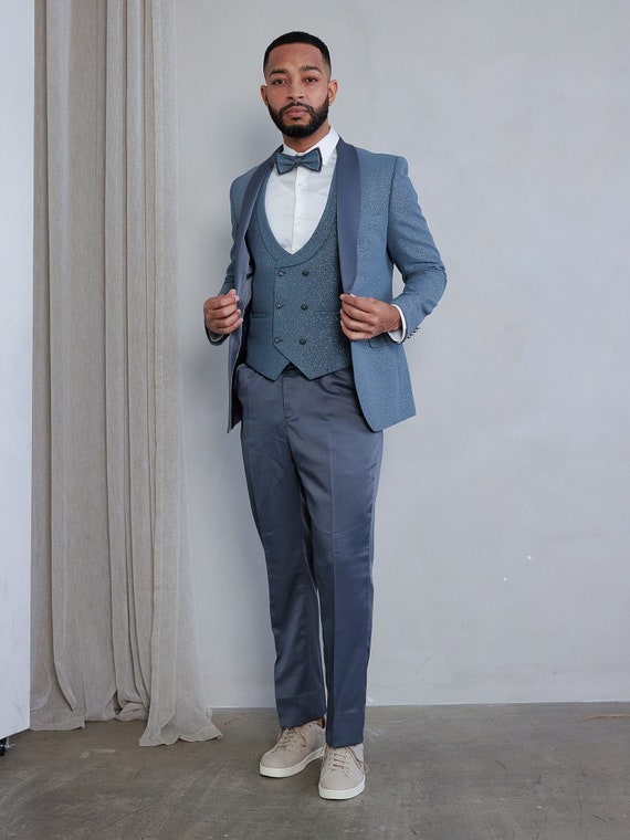 Men's 4-Piece Slim Fit Grey Modern Sequin Tuxedo Set Perfect for Weddings, Parties, and Events