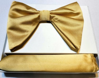 Men&#39;s Long Gold Satin Bow Tie and Hanky Set