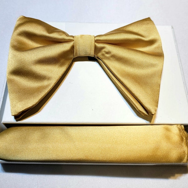 Men's Long Gold Satin Bow Tie and Hanky Set