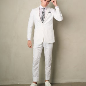 Men's 2-Pieces Linen Slim Fit Suit White Perfect for Summer, Wedding, Parties and other Milestones image 5