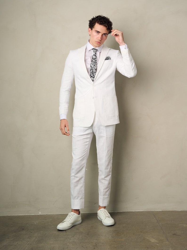 Men's 2-Pieces Linen Slim Fit Suit White Perfect for Summer, Wedding, Parties and other Milestones Bild 5