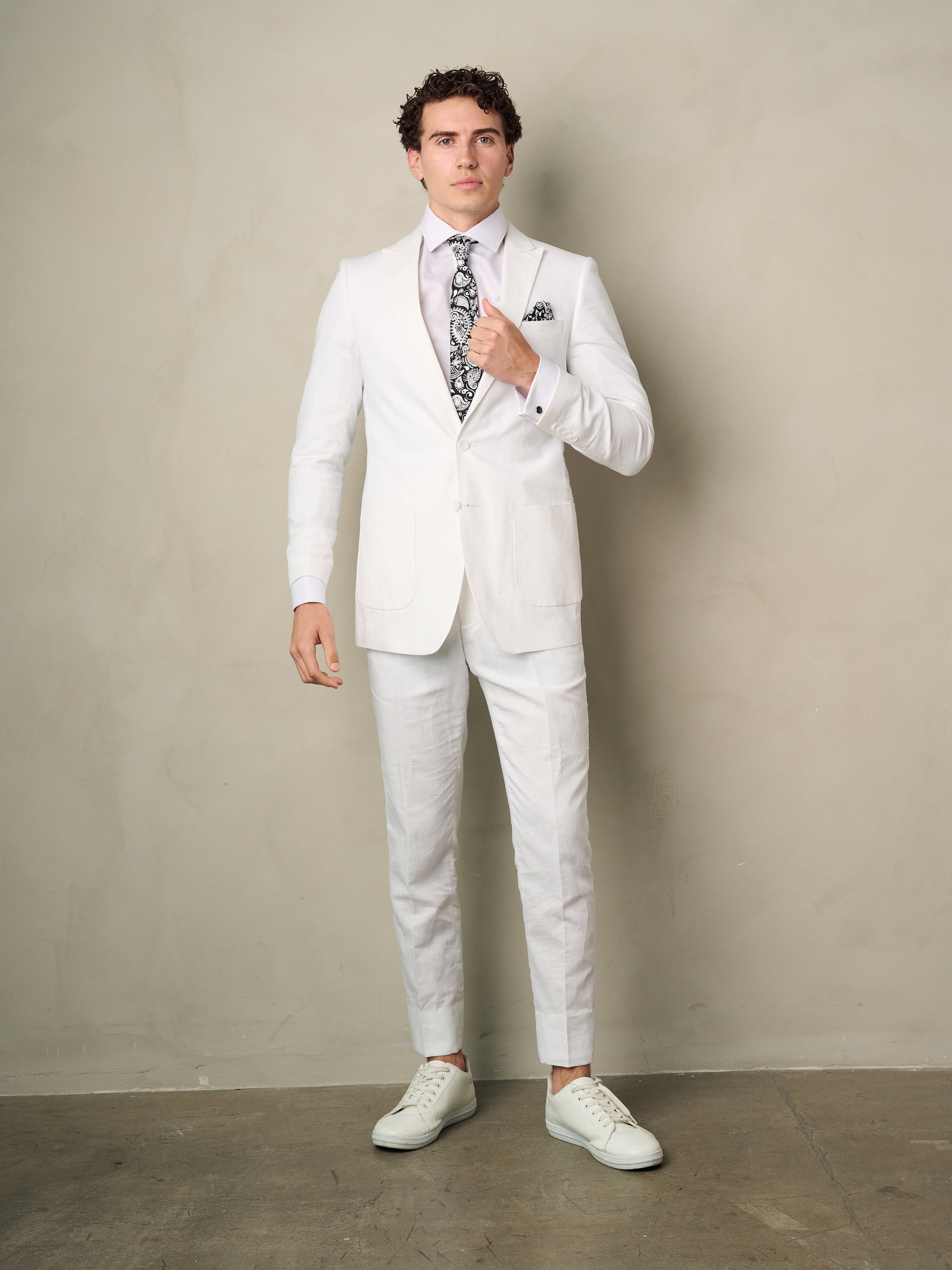 Mens slim fit white linen suit sale
