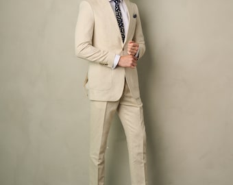 Men's 2-Pieces Linen Slim Fit Suit Tan Perfect for Summer, Wedding, Parties and other Milestones