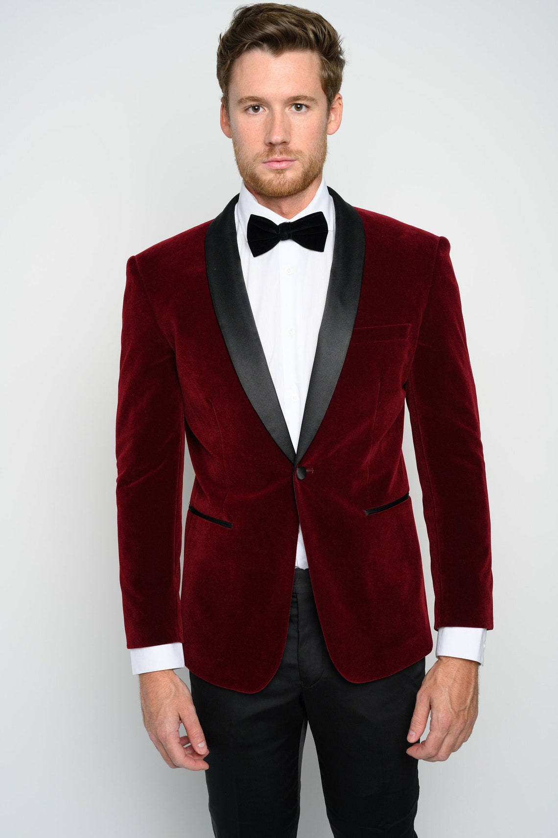 Men's Slim Fit Velvet Shawl Lapel Tuxedo Jacket Burgundy image 1