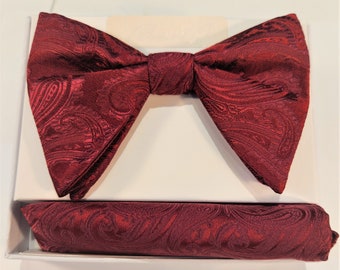 Men's Long Burgundy Paisley Satin Bow Tie and Hanky Set