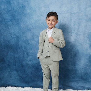 Boy&#39;s 5-Pieces Sage Green Slim Fit Linen Suit perfect for Weddings, Parties, and other Milestones