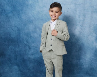 Boy's 5-Pieces Sage Green Slim Fit Linen Suit perfect for Weddings, Parties, and other Milestones